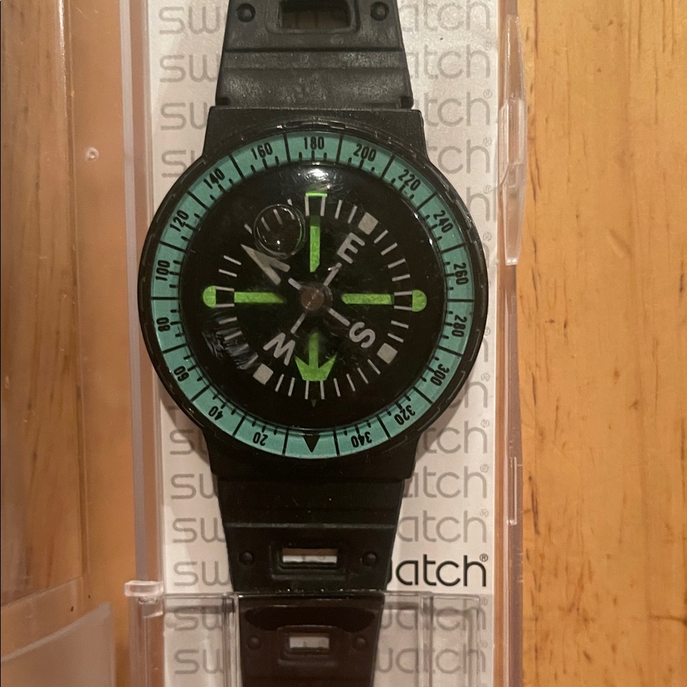 Vintage Swatch Wrist Watch in Black with Green Display